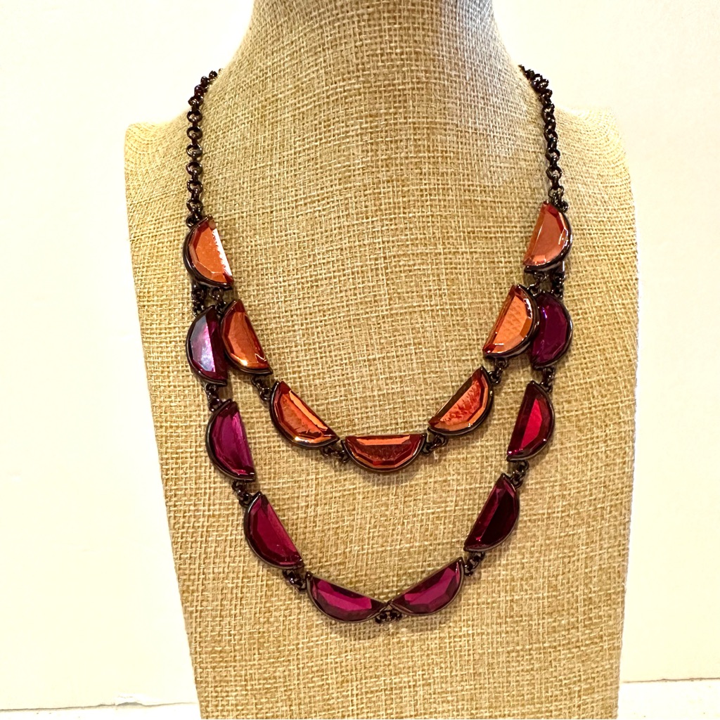 Nwt Coldwater Creek Necklace Gunmetal* Chain W/ Crescent Purple & Pink
